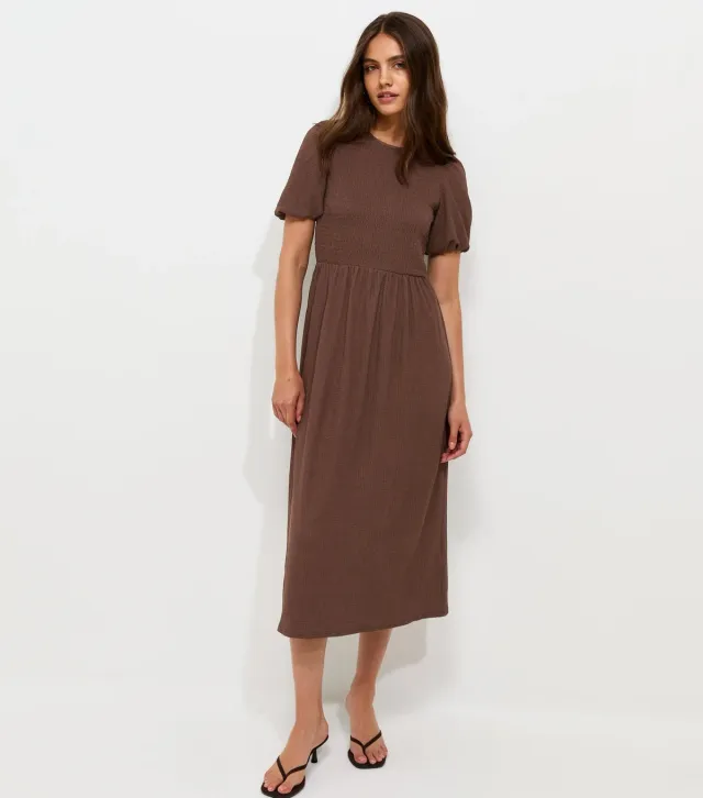 Dark Brown Shirred Bodice Textured Midi Dress