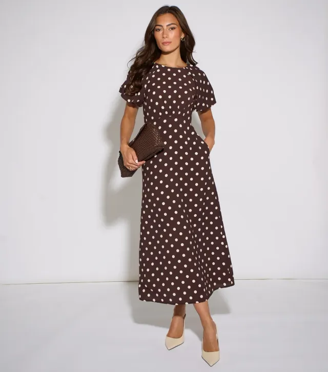 Brown Spot Print Puff Sleeve Midi Dress