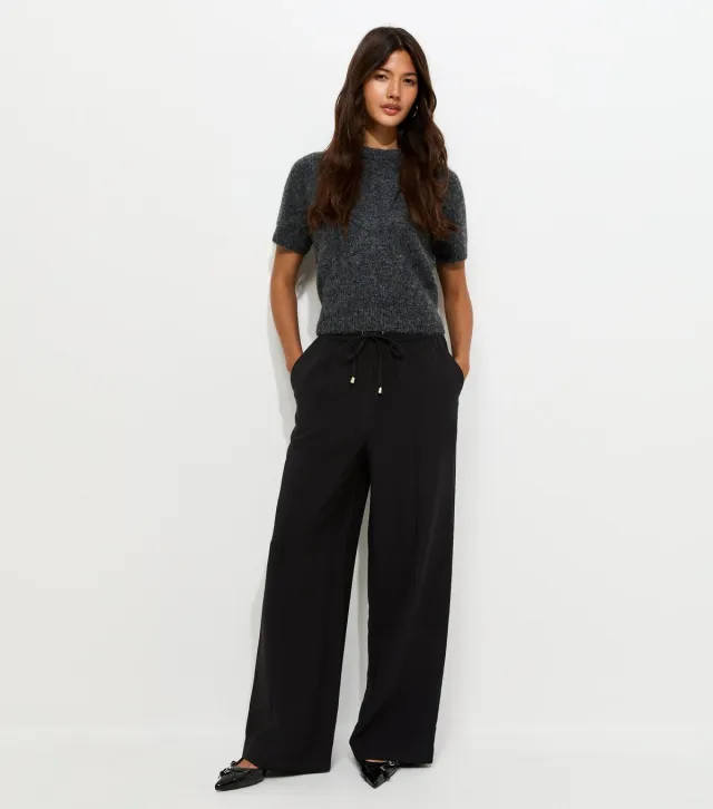 Black Drawstring Front Crease Wide Leg Trousers