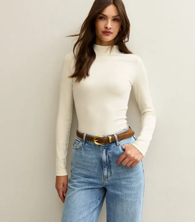 Tall Cream High Neck Long Sleeve Top