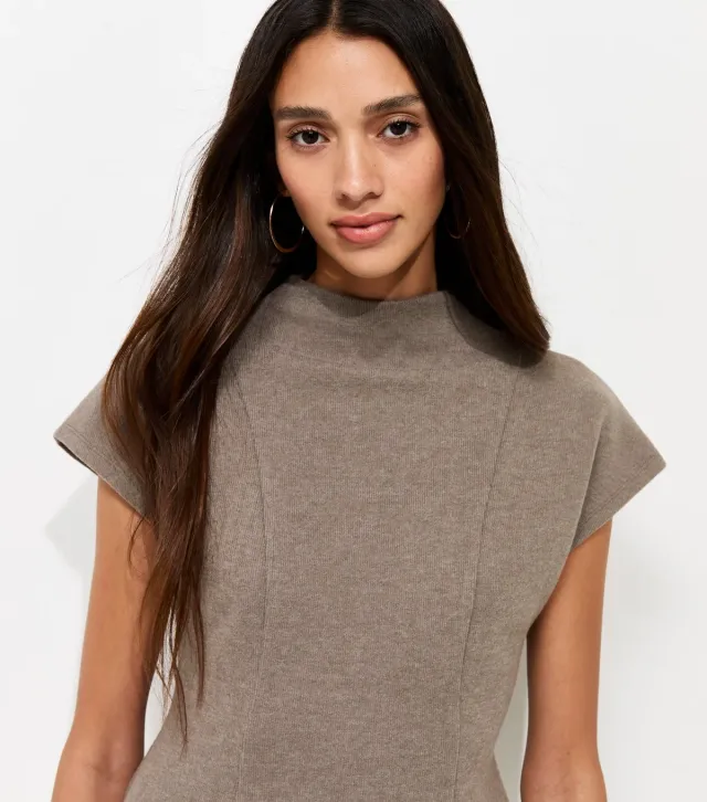 Dark Mink Cotton Rich Soft Touch High Neck Peplum Top