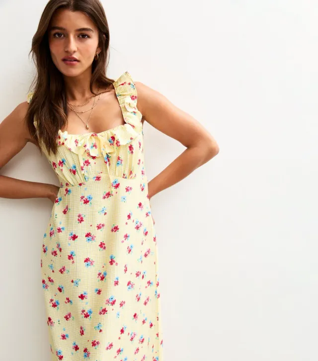 Yellow Ditsy Print Sweetheart Neck Tie Back Midi Dress
