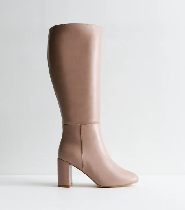 Wide Fit Brown Block Heel Knee High Boots Vegan