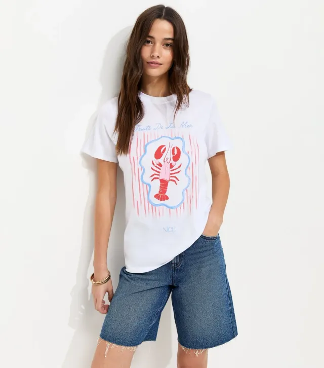 White Cotton Lobster Print Relaxed T-Shirt