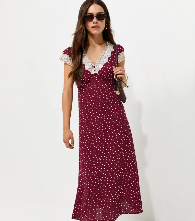 Petite Red Spot Print Lace Insert Tea Midi Dress