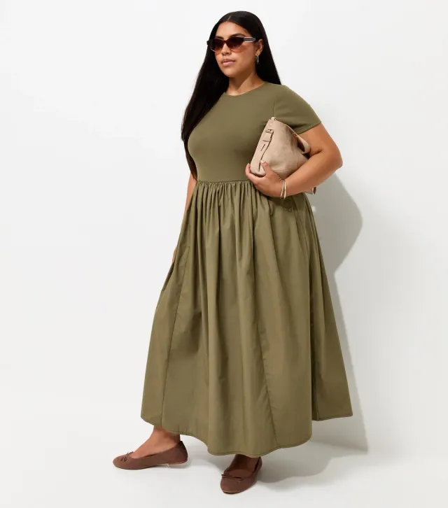 Plus Size Dark Khaki Cotton Rich Drop Waist Short Sleeve Midi Dress Curves