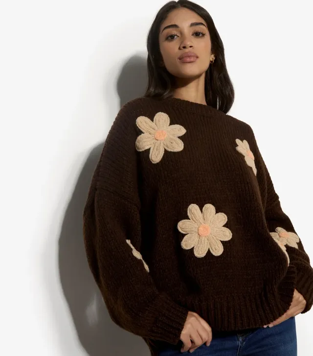 Brown Embroidered Daisies Jumper