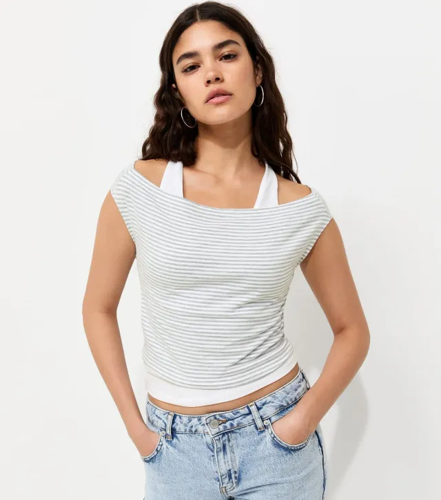 Grey Striped 2-in-1 Bardot Halter Top