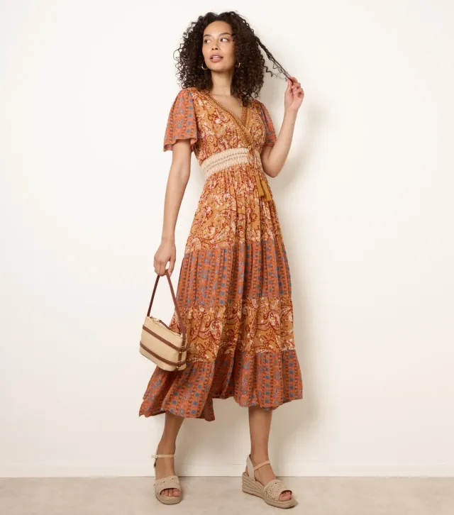 Brown Mixed Print Beaded Wrap Style Midi Dress