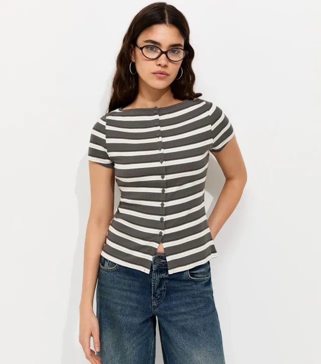 Grey Cotton Rich Striped Button Through Baby Tee T-Shirt