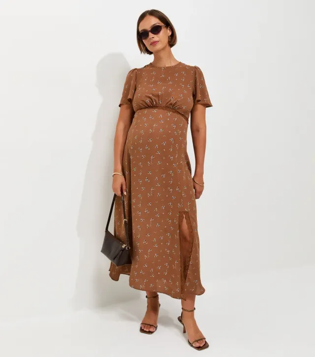 Maternity Brown Floral Print Lace Trim Midi Dress
