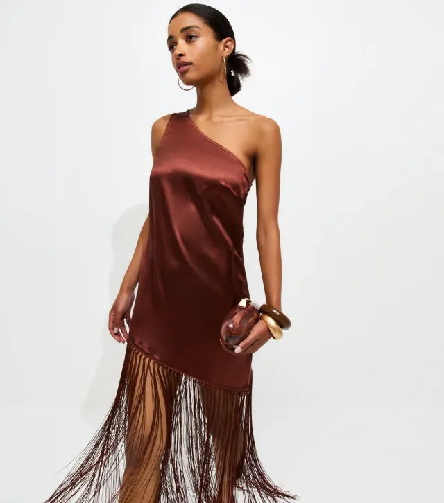 Rust Satin One Shoulder Tassel Trim Midi Dress