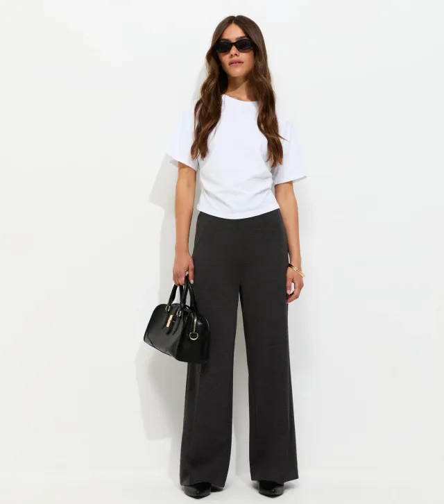 Petite Dark Grey Jersey Wide Leg Trousers
