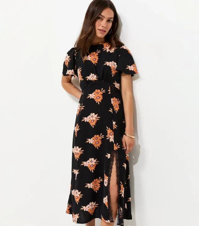Petite Black Floral Print Lace Trim Midi Dress