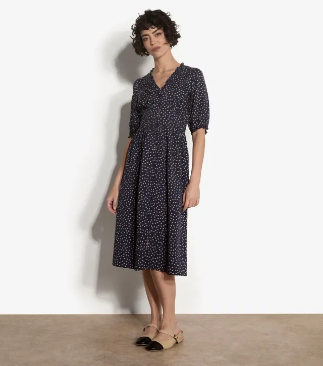 Blue Dot Print Woven Midi Dress