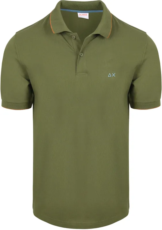 Sun68 Polo Shirt Small Stripe Collar Olive Green Dark Green maat L