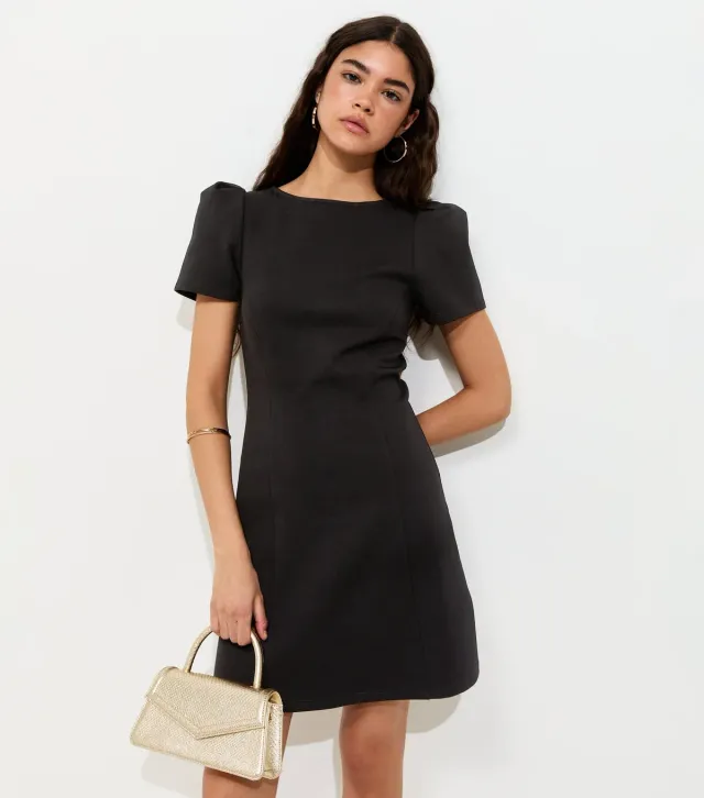 Black Cotton Rich Ponte Short Sleeve Structured Shoulder Mini Dress