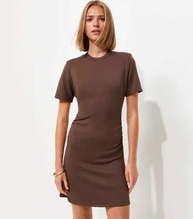 Dark Brown Ruched Side Short Sleeve Mini Dress