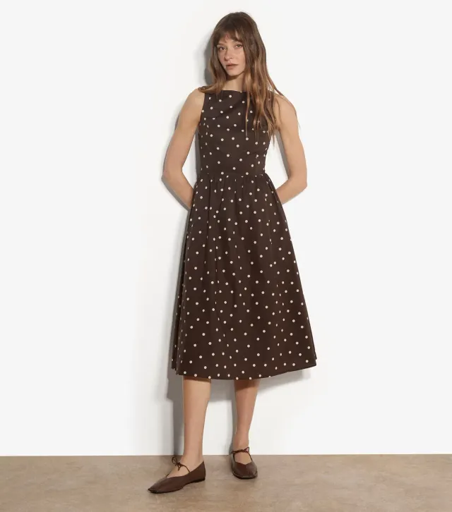 Brown Cotton Polka Dot Print Midi Dress