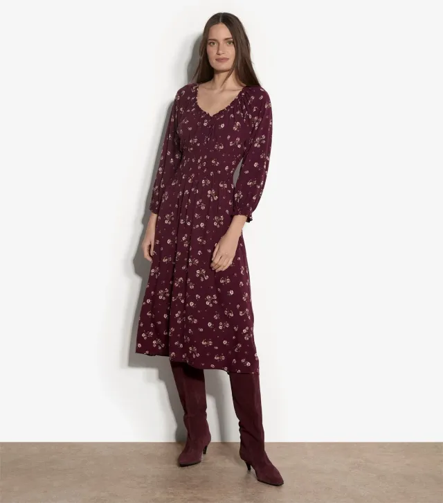 Dark Burgundy Ditsy Print Midi Dress