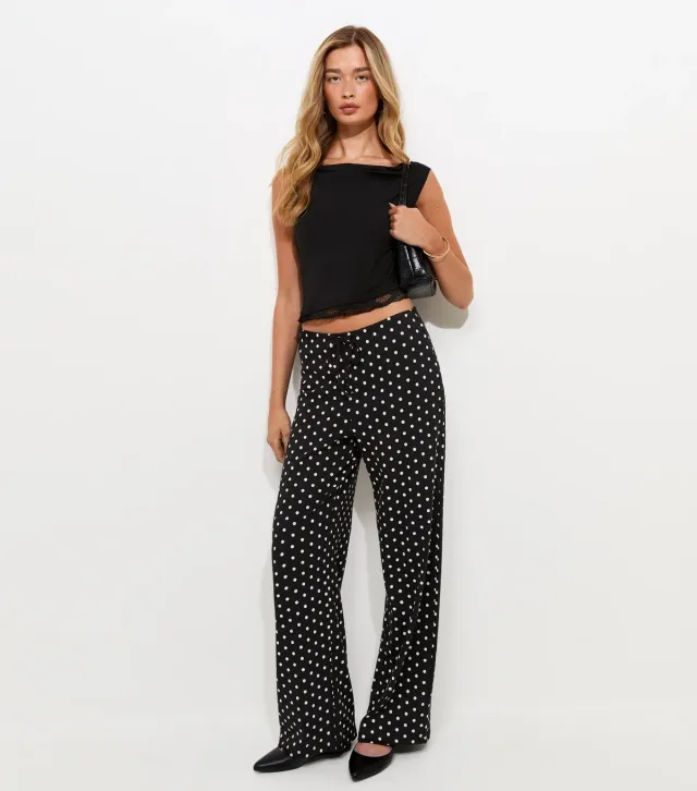 Tall Black Cotton Rich Polka Dot Wide Leg Trousers