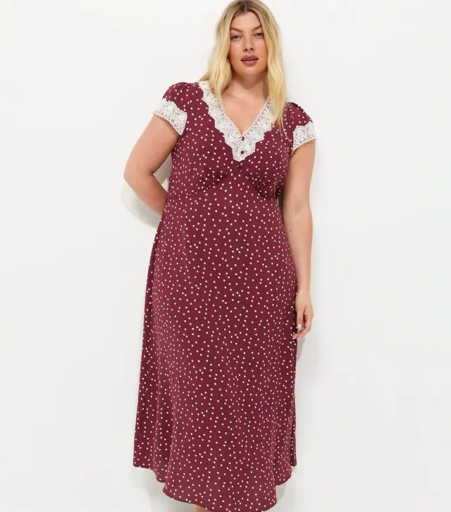 Plus Size Red Spot Print Lace Trim Midi Dress Curves