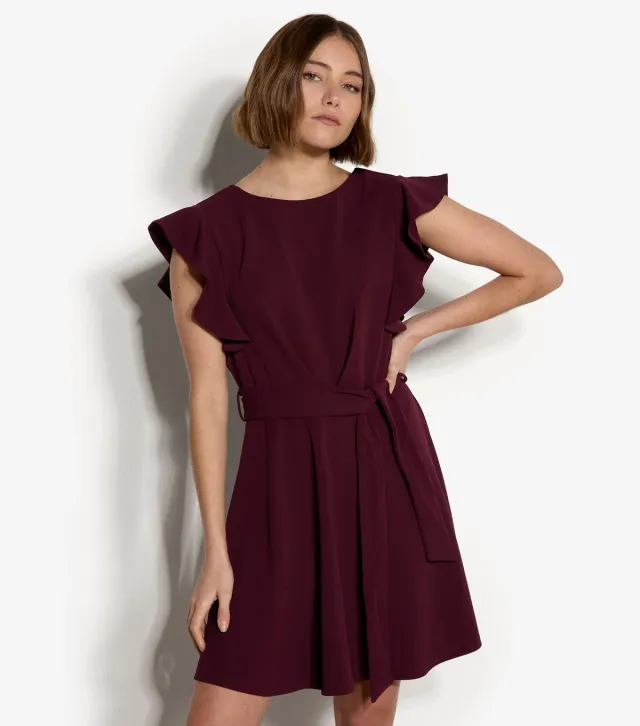 Dark Burgundy Ruffle Sleeve Mini Dress
