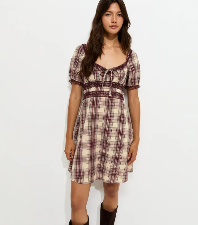 Brown Check Lace Trim Milkmaid Mini Dress