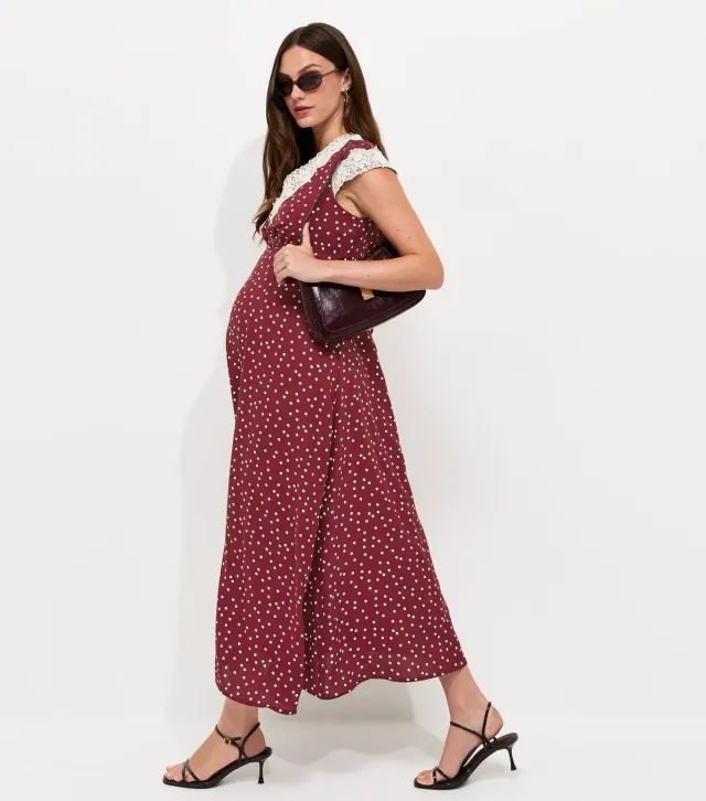 Maternity Red Spot Print Lace Trim Midi Dress
