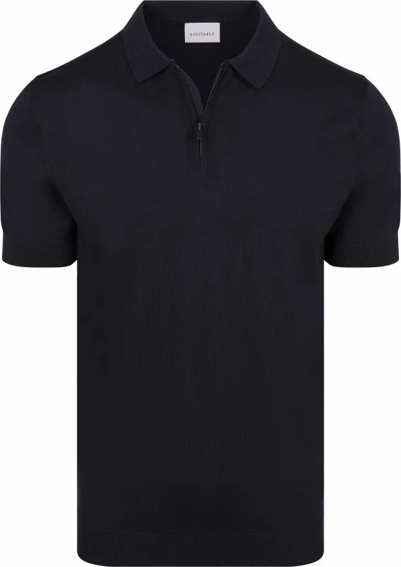 Suitable Knitted Half Zip Polo Shirt Dan Navy Blue Dark Blue maat L