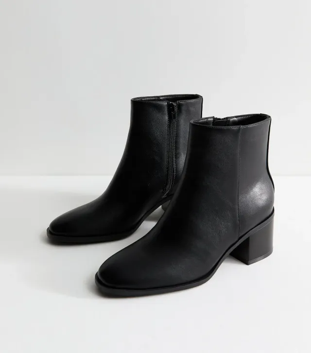 Black Faux Leather Almond Toe Block Heel Ankle Boots Vegan