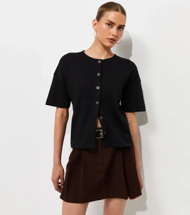 Premium Black Heavyweight Cotton Button Through T-Shirt