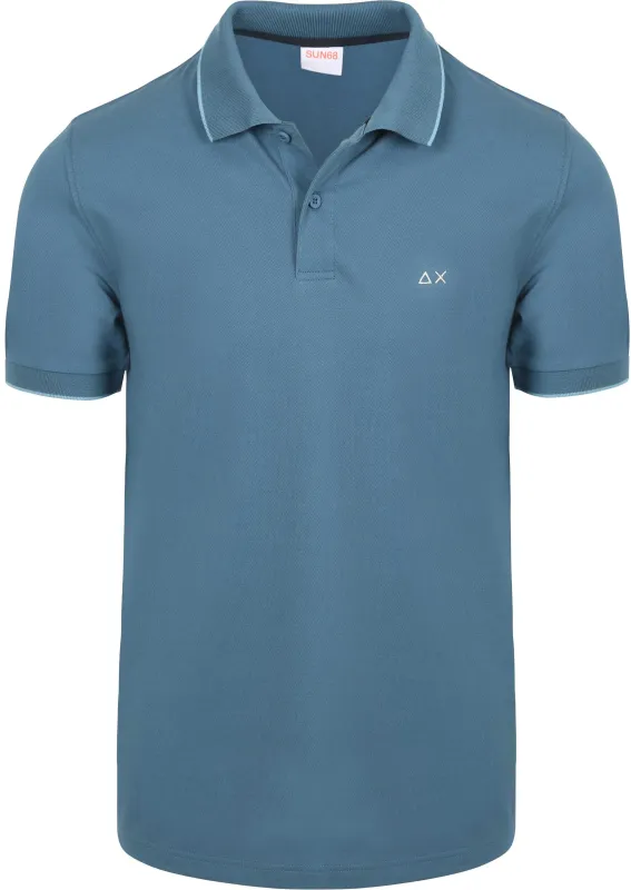 Sun68 Polo Shirt Small Stripe Collar Petrol Blue maat L