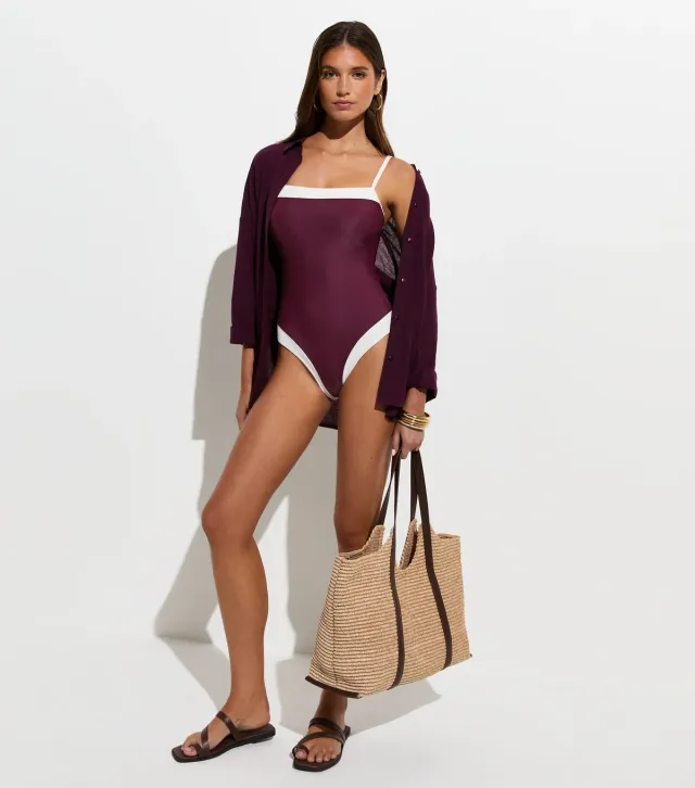 Dark Burgundy Contrast Trim Square Neck Swimsuit