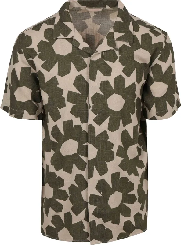 KnowledgeCotton Apparel Short Sleeve Shirt Linen Blend Olive Beige Green maat L