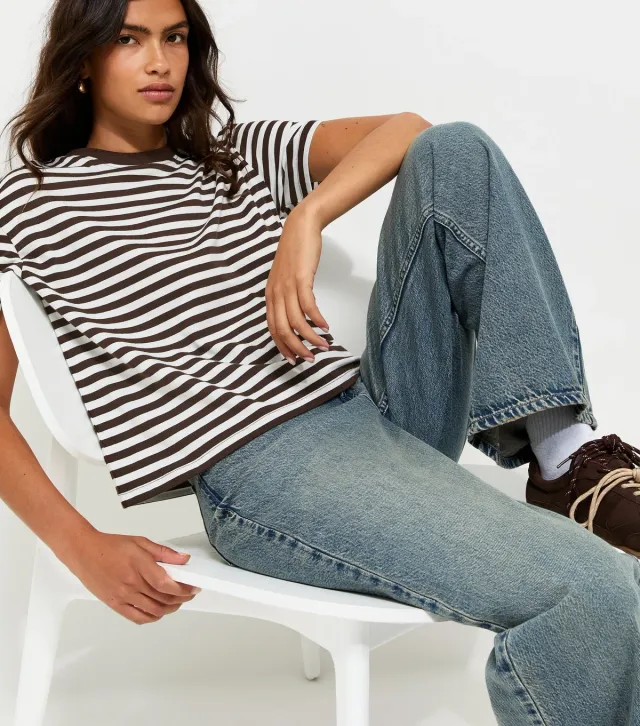 Brown Cotton Striped Boxy Crew Neck T-Shirt