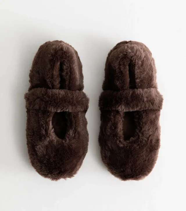 Dark Brown Faux Fur Mary Jane Ballet Slippers Vegan