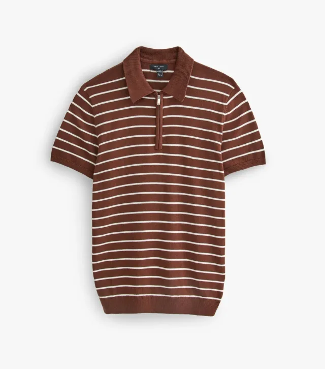 Brown Cotton Rich Regular Fit Striped Zip Polo Shirt