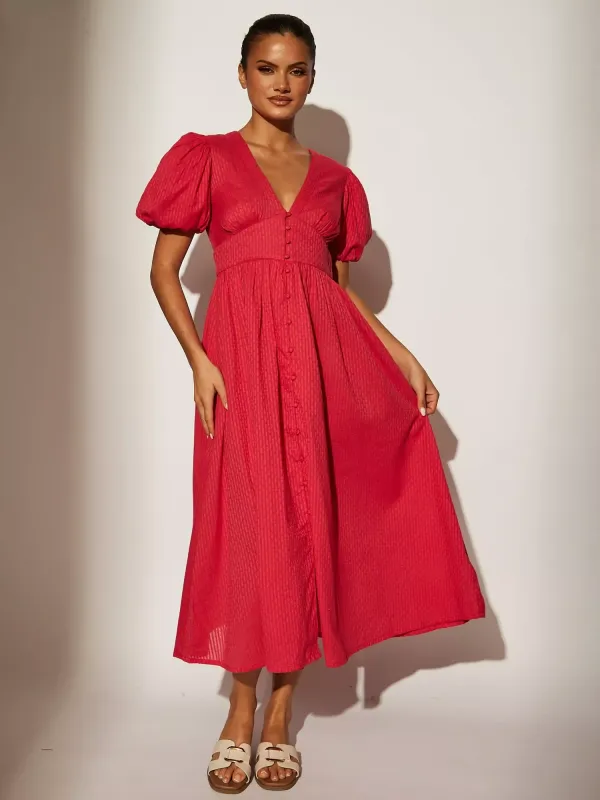 South Beach Puff Sleeve Button Detail Midi Dress