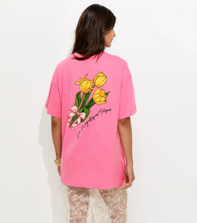 Bright Pink Cotton Tulip Print Oversized T-Shirt