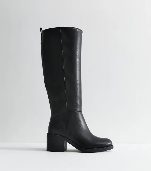 Black Panelled Faux Leather Knee High Boots