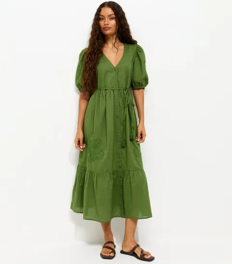Petite Bright Green Floral Embroidered Smock Shirt Dress