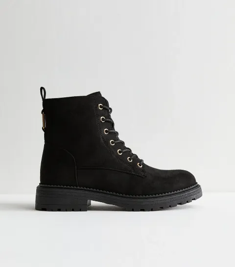 Black Faux Suede Lace Up Ankle Boots Vegan