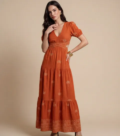 Burnt Orange Open Back Tiered Maxi Dress