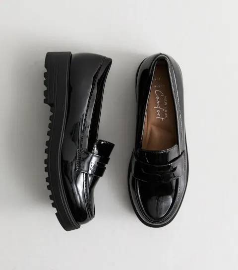 Wide Fit Black Patent Faux Leather Chunky Penny Loafers Vegan