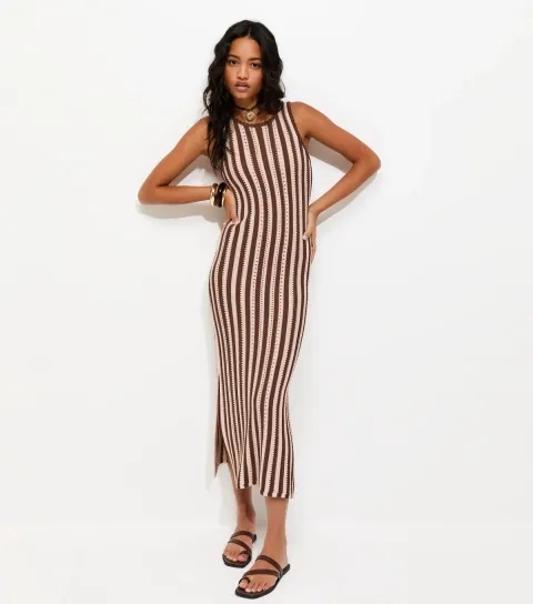 Pink Stitchy Striped Crochet Midi Dress
