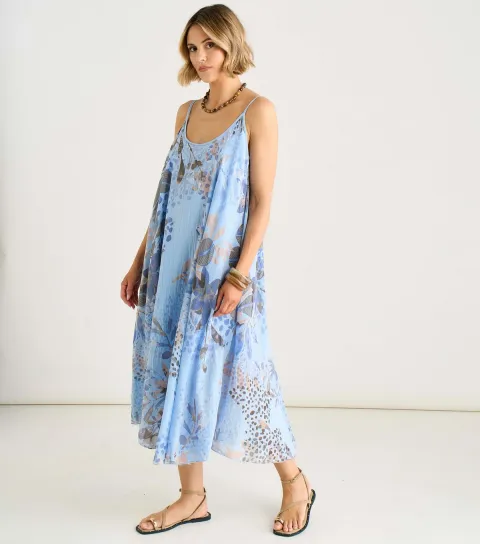 Blue Floral Strappy Midi Dress