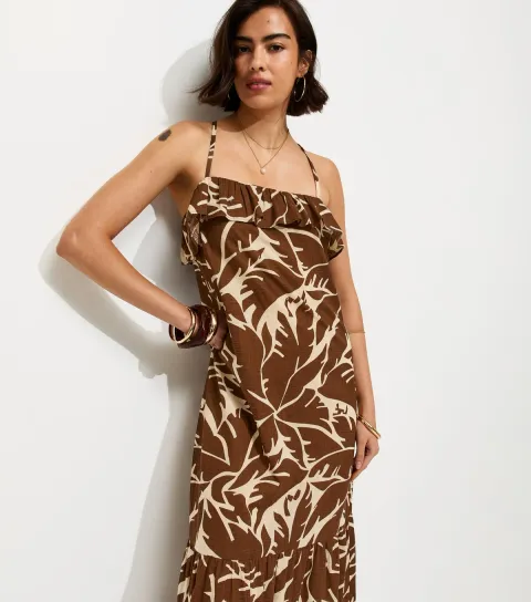 Brown Leaf Pattern Strappy Ruffle Midi Dress