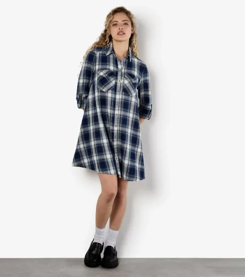 Blue Checked Shirt Dress