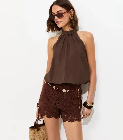 Dark Brown Tie Neck Cropped Bubble Hem Blouse